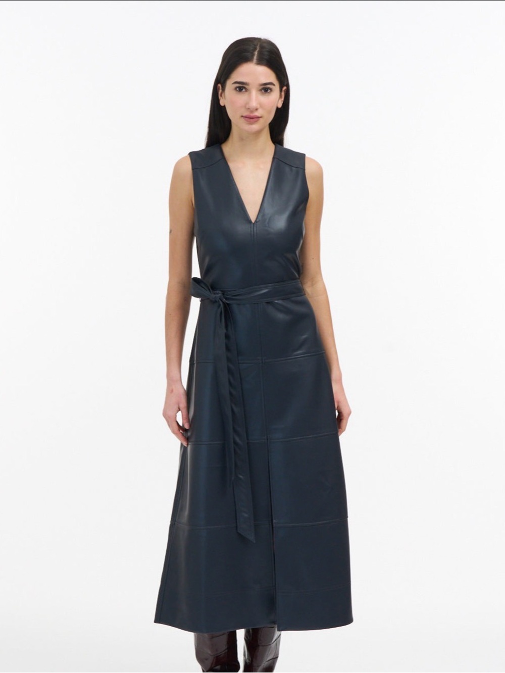 Tanya Taylor black faux leather Sleeveless V-Neck belted Midi Dress NWT